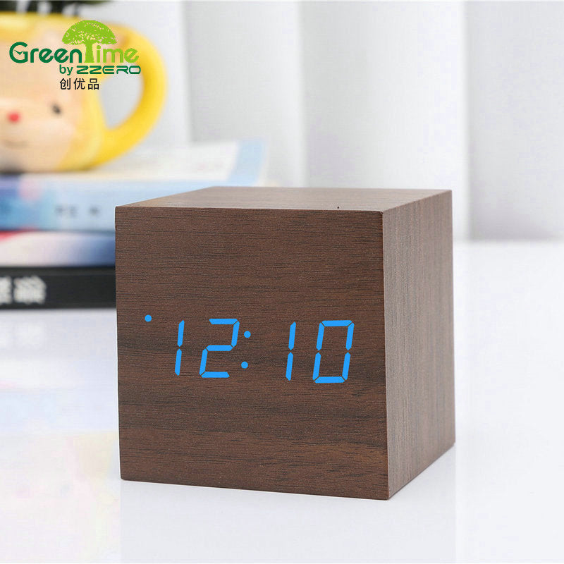 Minimalist Cube Wooden Digital Clock Sound Sensitive LED Display Temperature and Time Desk Alarm Clock