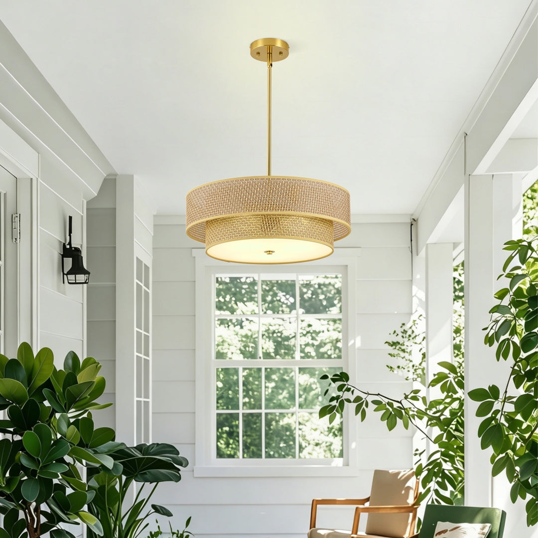 17.7 Inch Woven Rattan Linen Semi Flush Ceiling Light Fixture Farmhouse Pendant Lamp for Bedroom Kitchen Dining Living Room Corridor