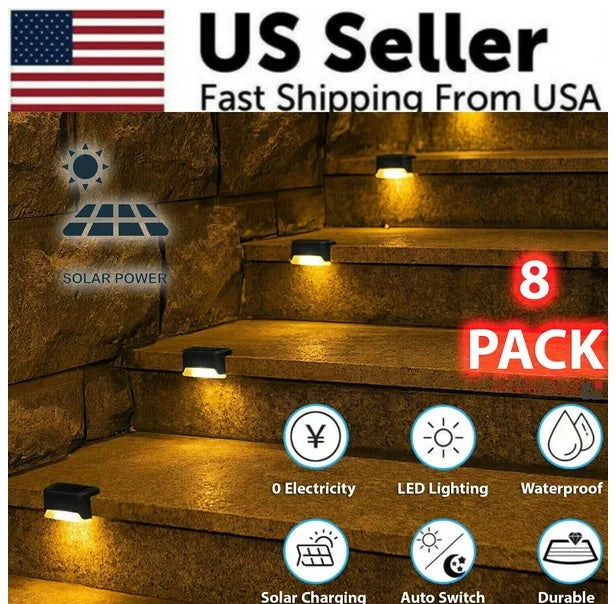 8 Pack Solar Deck Lights Outdoor Waterproof LED Step Lights for Stairs Fence Garden Lighting