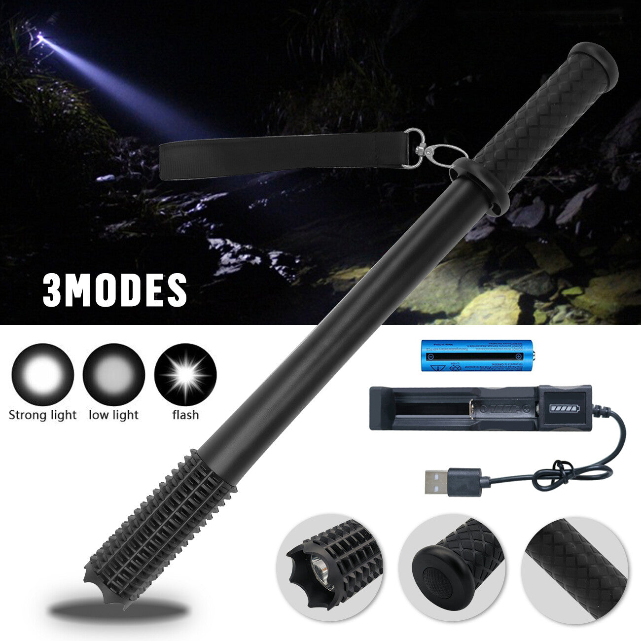 Baseball LED Flashlight – Rechargeable Spotlight Torch with 3 Modes for Security, Work & Emergency Use