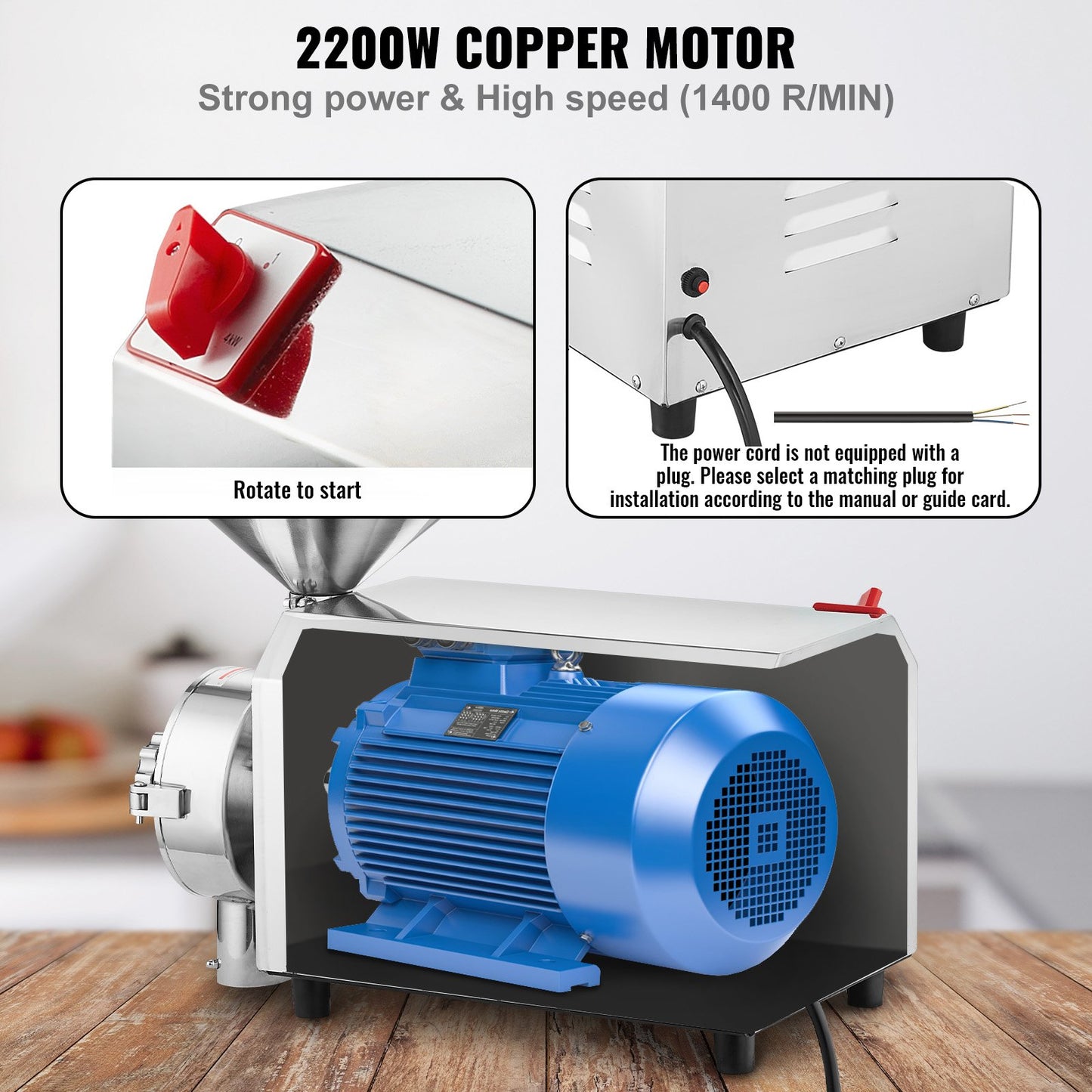 2200W Grain Grinding Mill Machine Food Processing Grinder for Dry Grains and Spices