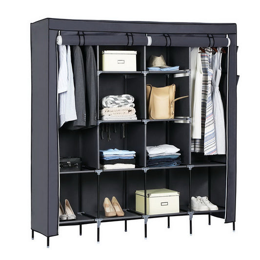 67 Inch Portable Wardrobe Closet Clothes Storage Rack with 12 Shelves and 4 Side Pockets Gray Organizer for Bedroom