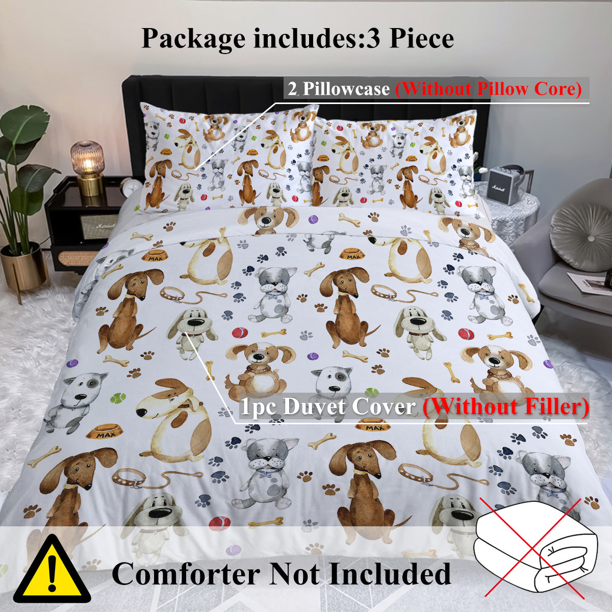 Kids Duvet Cover Set Cartoon Dogs Paws Pattern 3-Piece Bedding Set Cute Puppy Animal Bed Set