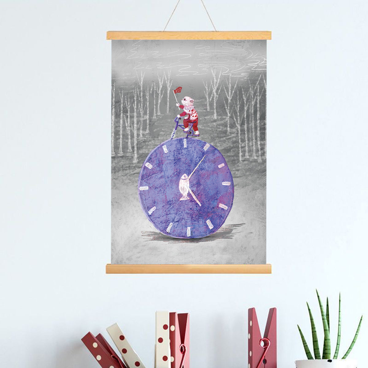 Solid Wood Scroll Art Painting – Cat Riding a Bike Wall Decor (16x24 Inches)