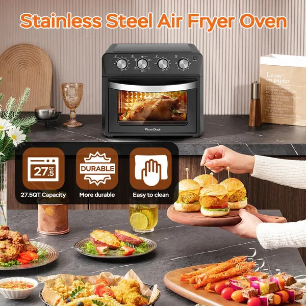 27.5QT 6 in 1 Air Fryer Toaster Oven Dropdown Door 6 Slice Countertop Convection Oven for Air Frying Baking Roasting Broiling and Grilling 1600W Black