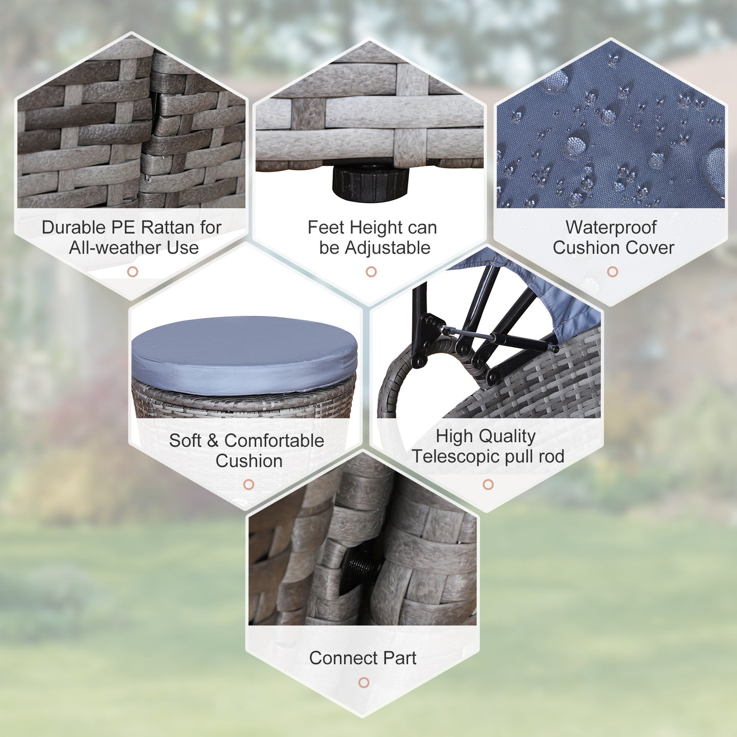 Outdoor PE Rattan Garden Furniture Set Round Daybed with Retractable Canopy Cushions & Coffee Table Grey Blue