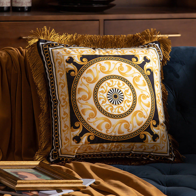 Luxury Sofa Pillow High Grade Duplex Printing Tassel Waist Cushion for Home Decor