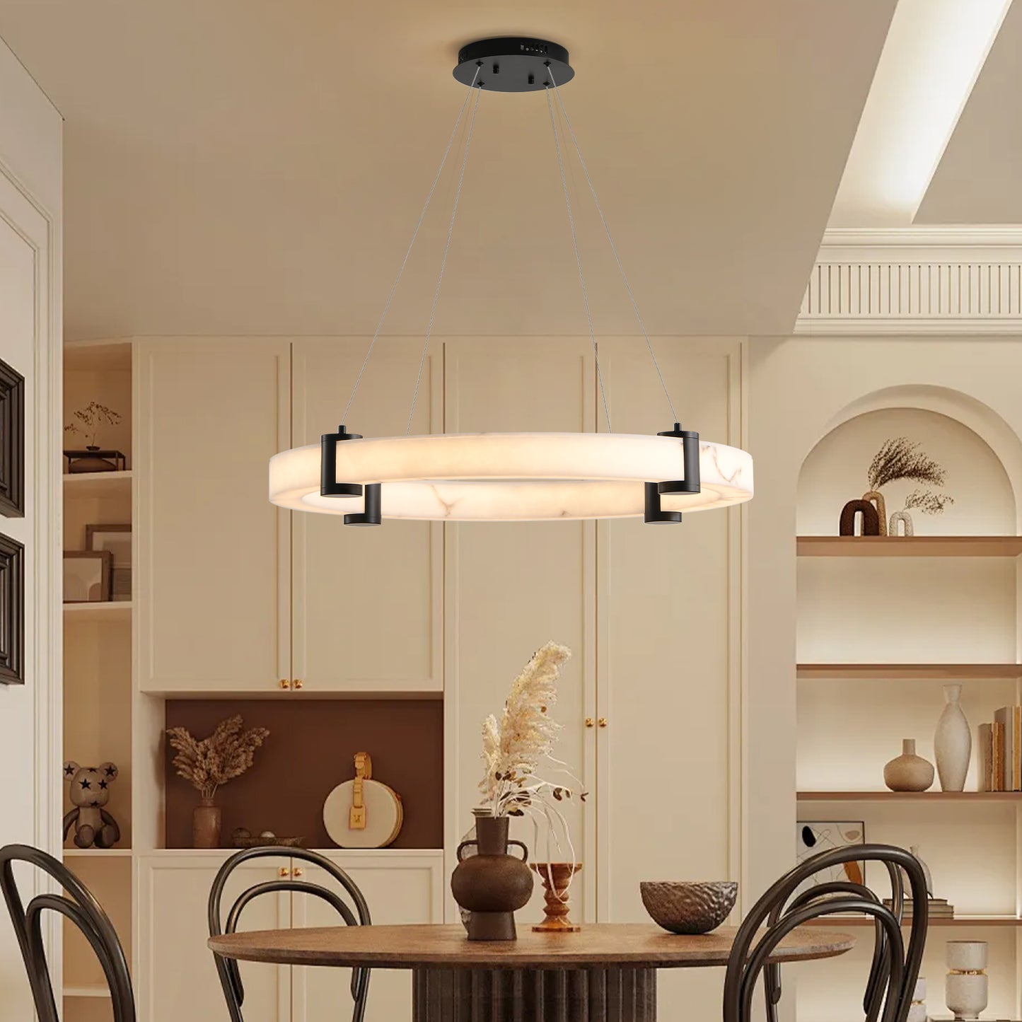 24-Inch Modern LED Pendant Chandelier – Adjustable Height Marble Finish Ceiling Light for Dining, Kitchen & Living Room