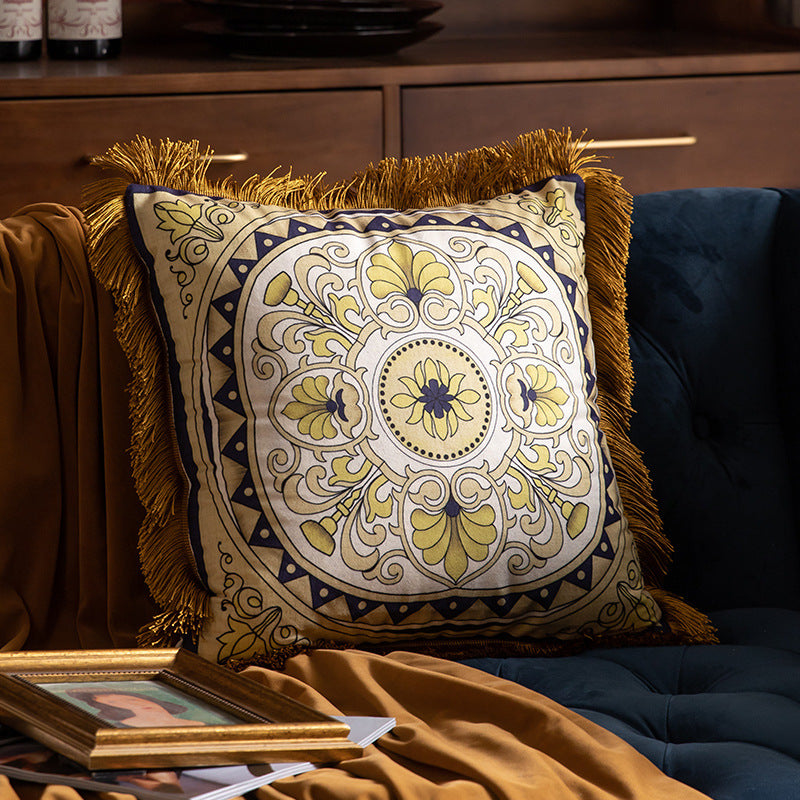 Luxury Sofa Pillow High Grade Duplex Printing Tassel Waist Cushion for Home Decor