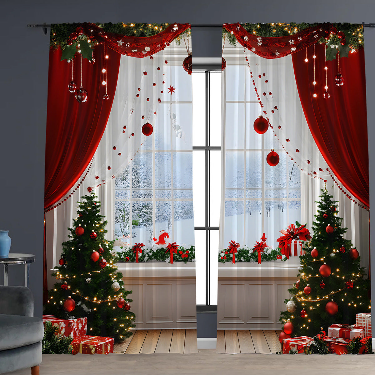 2PCs Christmas Curtains 3D Digital Printing Flower Window Drapes Festive Home Decoration