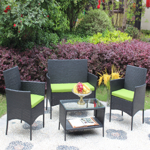 4 Piece Rattan Patio Furniture Set Outdoor Wicker Sofa with Cushioned Seats Green Cushion Garden Outdoor Seating Set