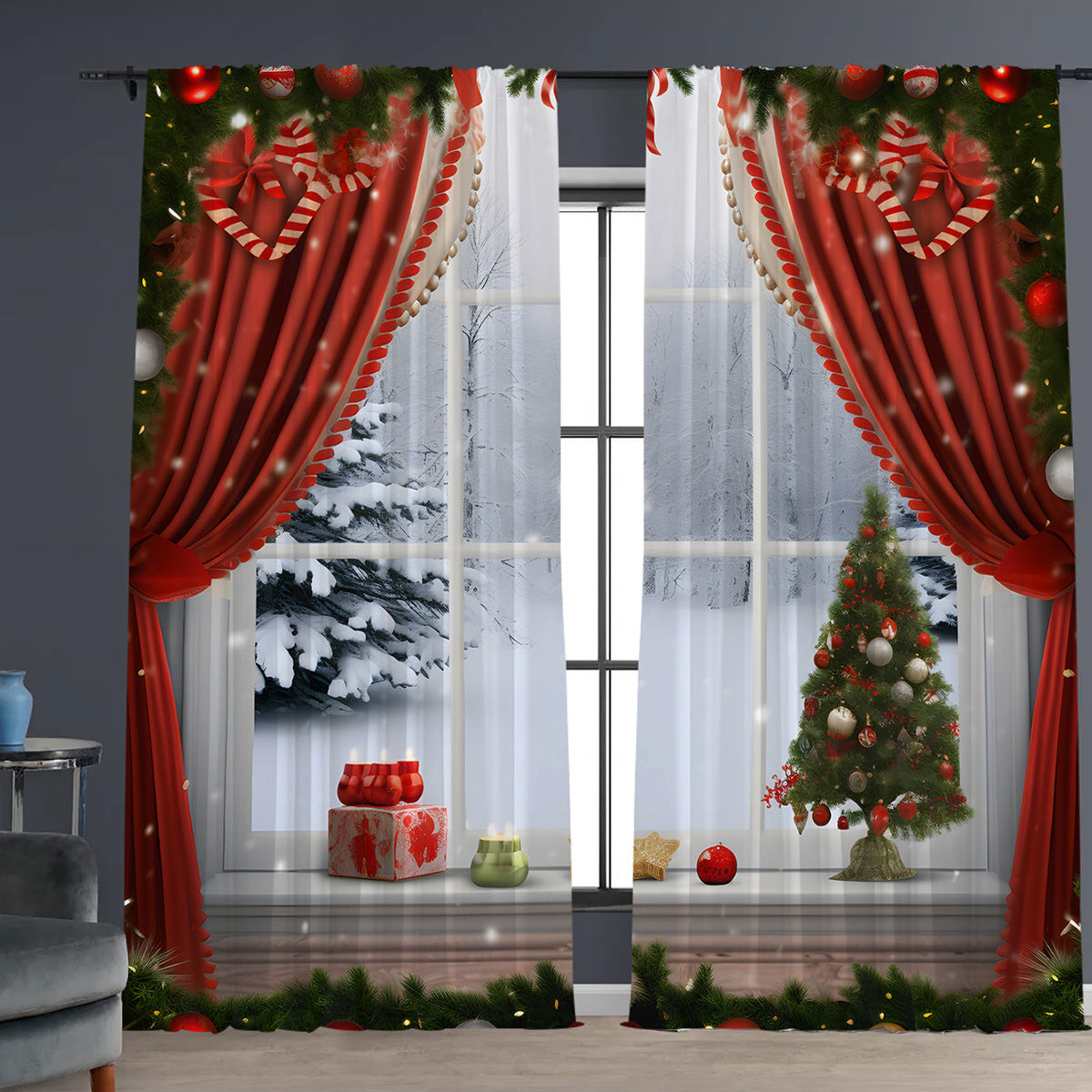 2PCs Christmas Curtains 3D Digital Printing Flower Window Drapes Festive Home Decoration