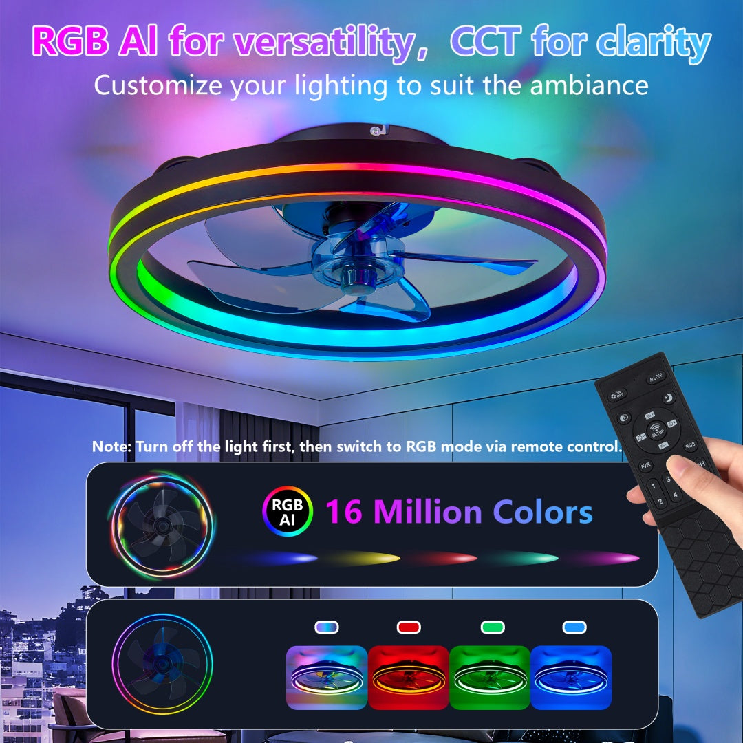 RGB LED Ceiling Fan Light Low Profile Bladeless Fandelier 19IN Flush Mount Smart App Remote Control Bedroom Ceiling Fan