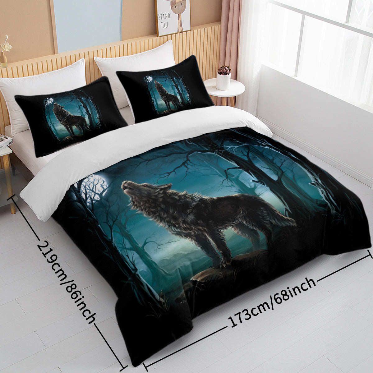 Moon Wolf Bedding Set Green Watercolor Forest Duvet Cover 3 Piece Wild Animal Bed Set Twin Full Queen King