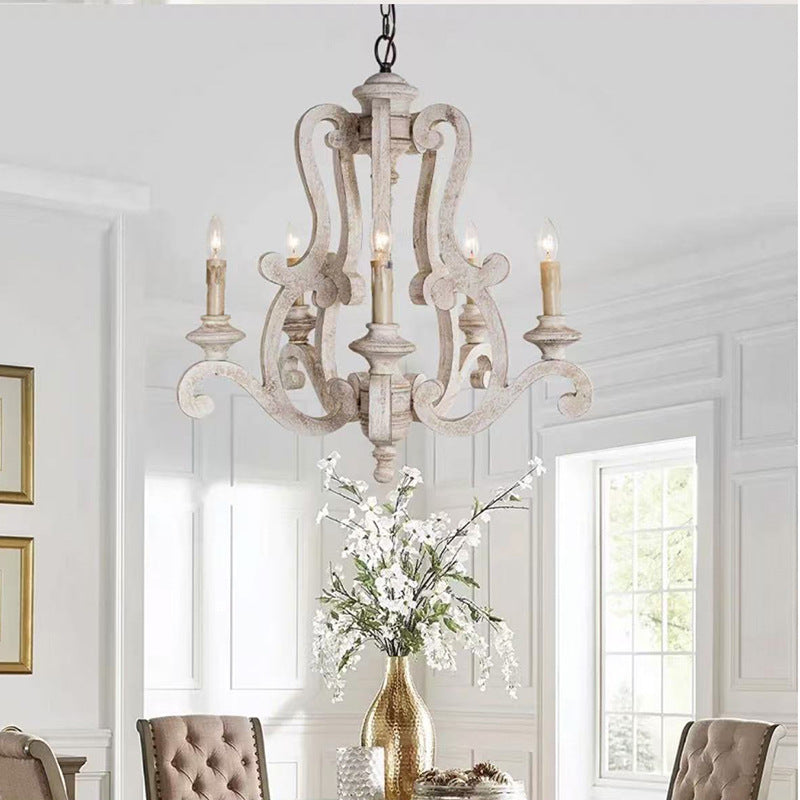 American Country Vintage Chandelier – Distressed Wooden Candle-Style Light Fixture