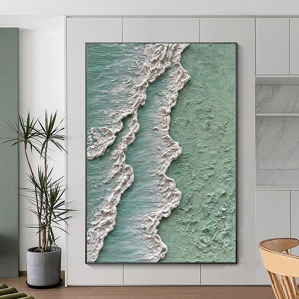Abstract Ocean Waves Thick Texture Oil Painting Hand Painted Green White Cream Canvas Wall Art Wabi Sabi Home Decor