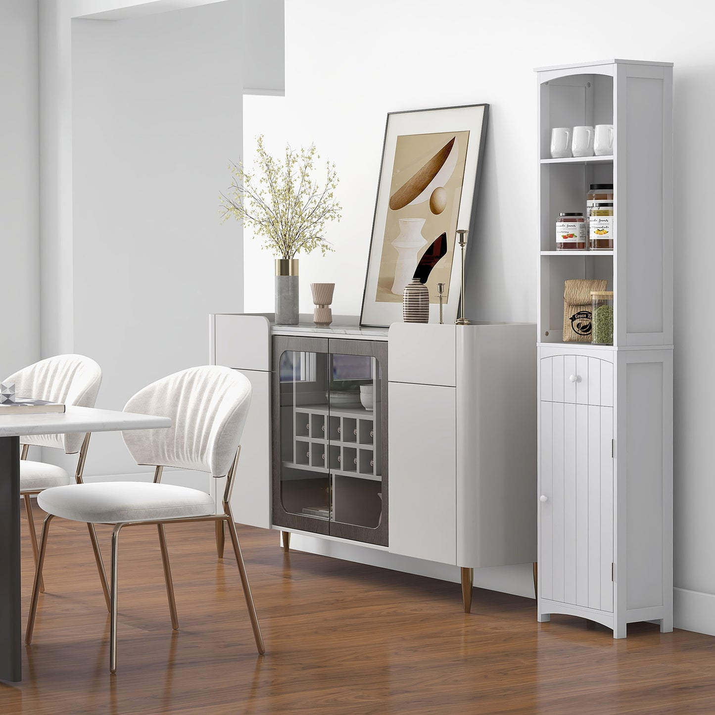 Free Standing Bathroom Storage Cabinet – Tall Linen Tower with 3-Tier Shelves & Drawer (White)