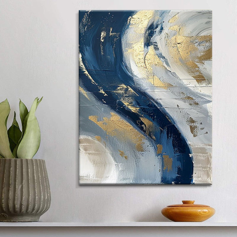 Luxury Handmade Abstract Oil Painting on Canvas Modern Golden Blue Minimalist Texture Wall Art for Living Room Decor Frameless