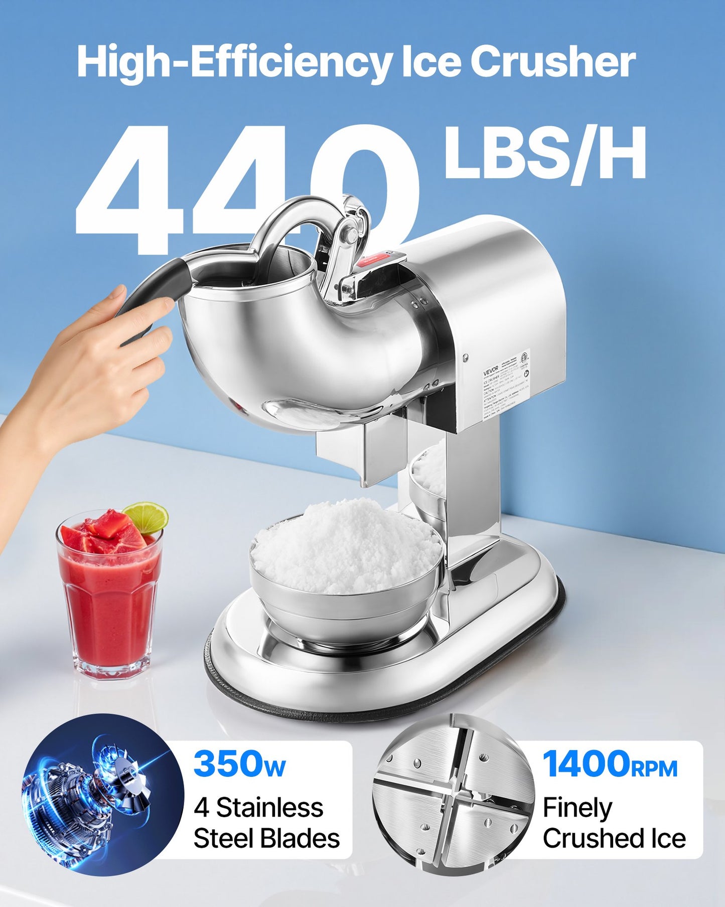 Commercial Ice Crusher 440LBS/H Electric Shaved Ice Machine Snow Cone Maker for Restaurant and Bar Use Silver