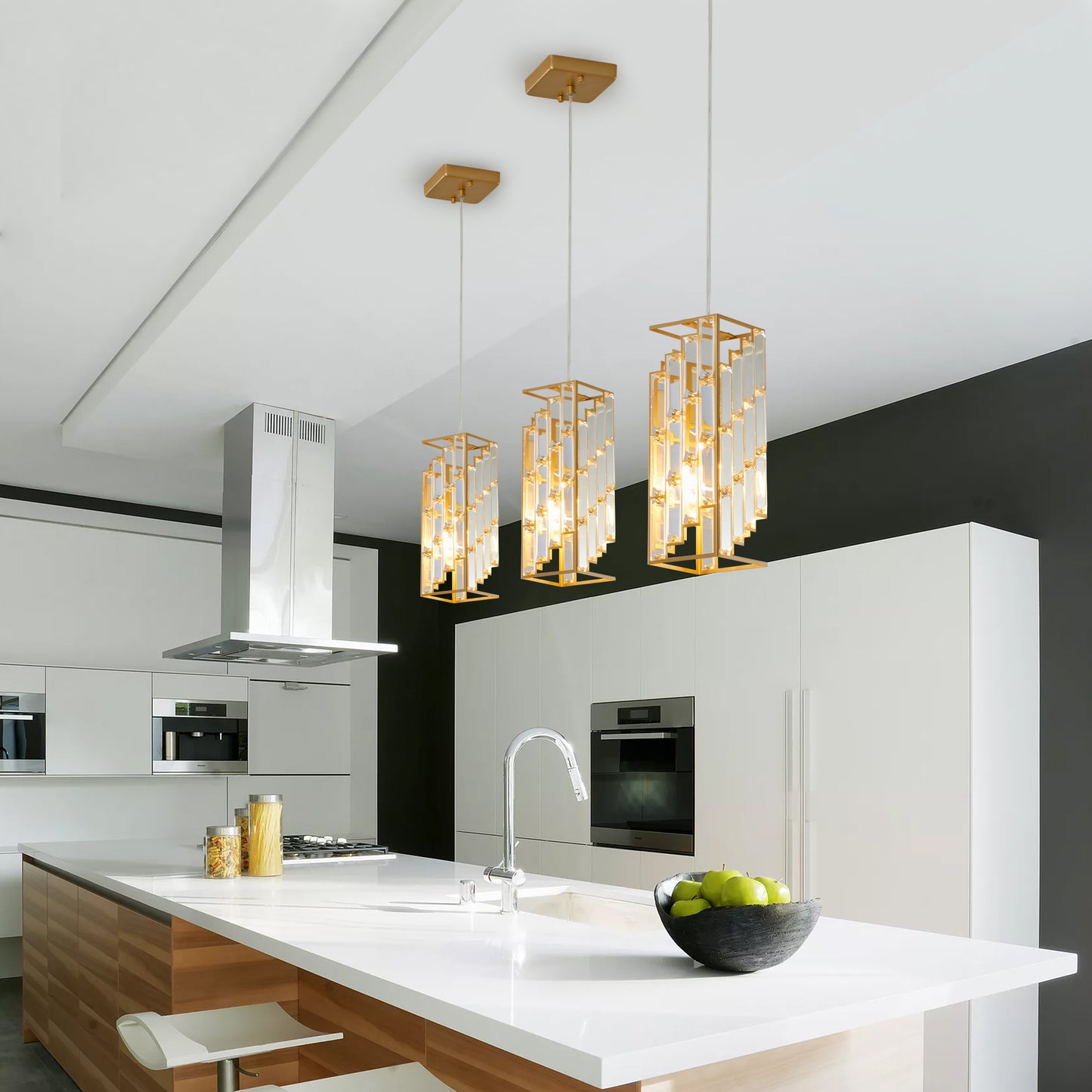 4-Inch Modern Crystal Pendant Light 3-Pack – Golden Adjustable Hanging Lamp for Dining Room & Kitchen Island