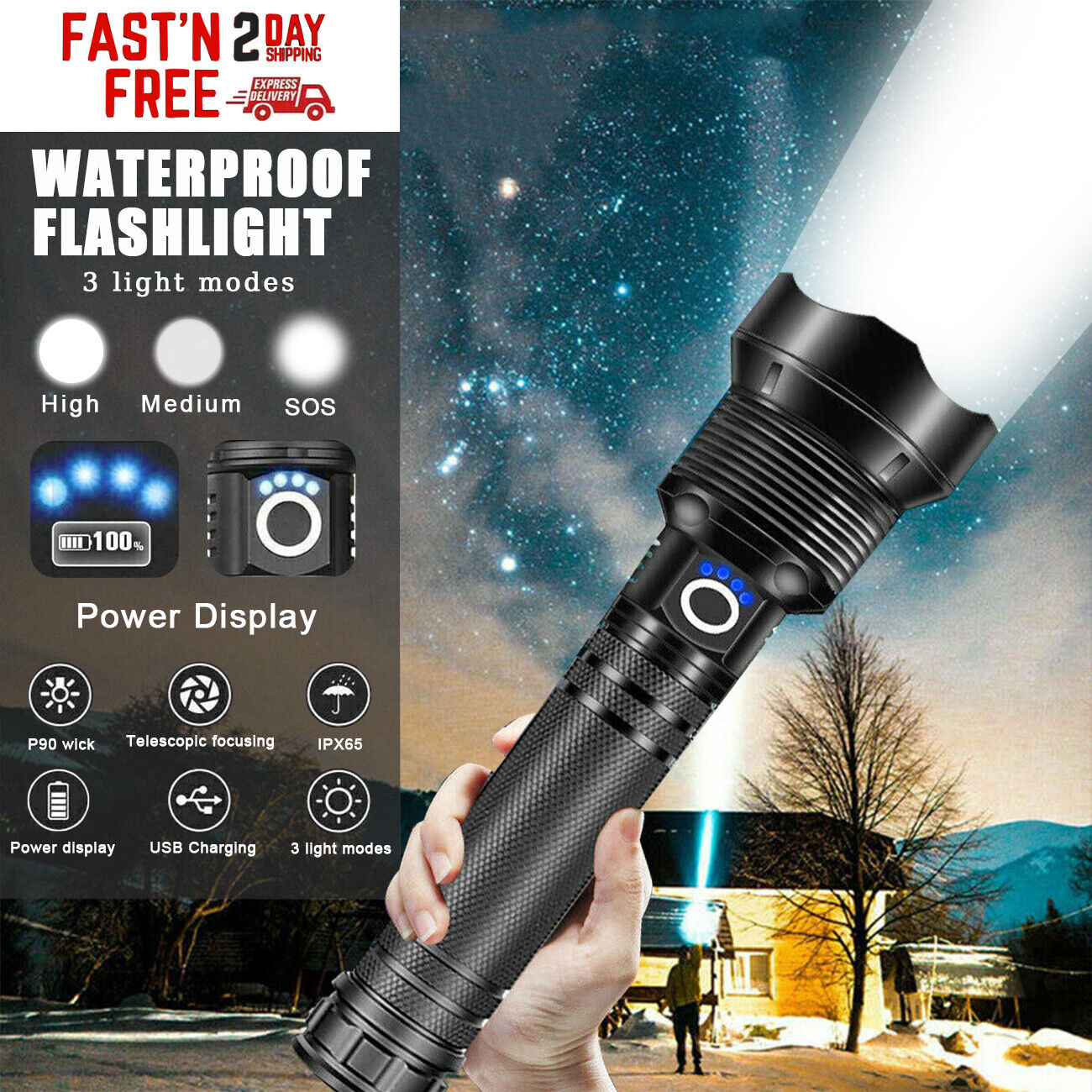 Super Bright 2500000LM LED Flashlight – USB Rechargeable Tactical Torch for Outdoor Use