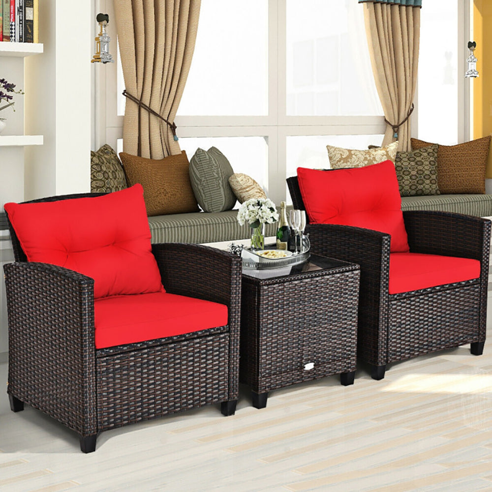 3 Pieces Rattan Patio Furniture Set with Washable Cushions Outdoor Garden Sofa Table Seating Set