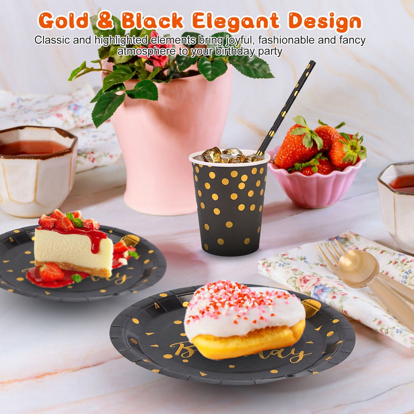 201PCS Black & Gold Birthday Party Supplies Set for 25 Guests – Disposable Plates, Cups, Napkins, Cutlery & Tablecloth