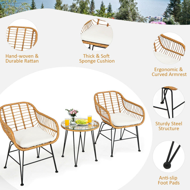 3 Pieces Rattan Furniture Set Cushioned Chairs & Table Outdoor Patio Garden Sofa Seating Set