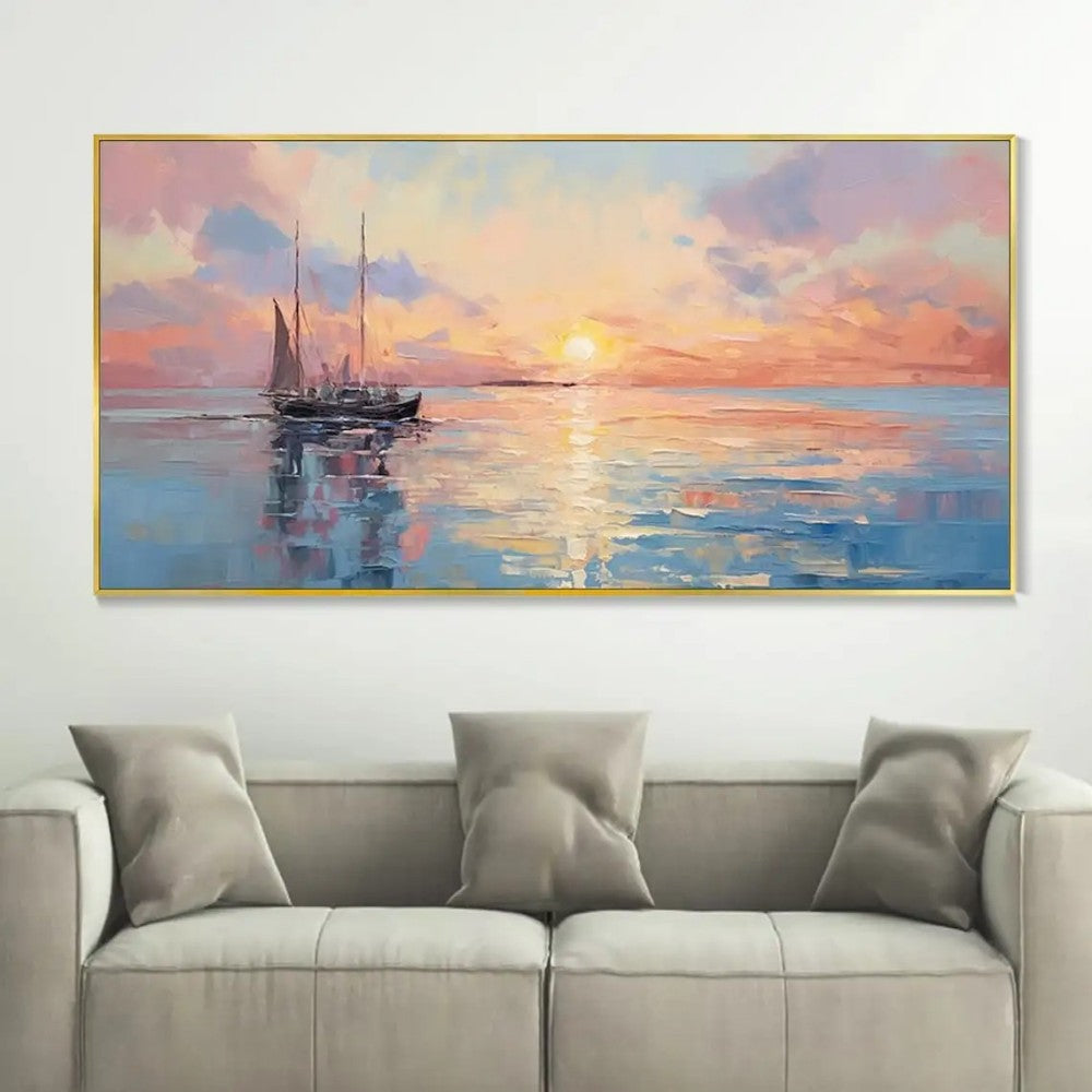 Handmade Abstract Sunrise Over Sea Oil Painting Canvas Wall Art Modern Living Room Home Decor Frameless