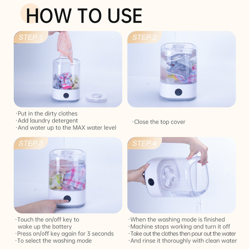 Portable Mini Washing Machine 4L USB Rechargeable Cordless Washer for Underwear Socks Baby Clothes Quiet Compact Travel Laundry Machine