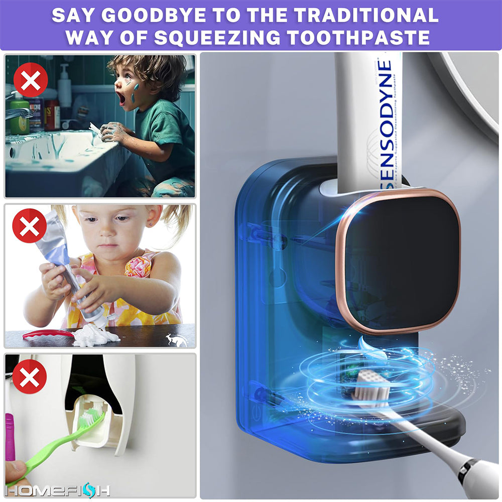 Automatic Toothpaste Dispenser Wall Mounted Sensor Toothbrush Holder Punch-Free Electric Squeeze Organizer