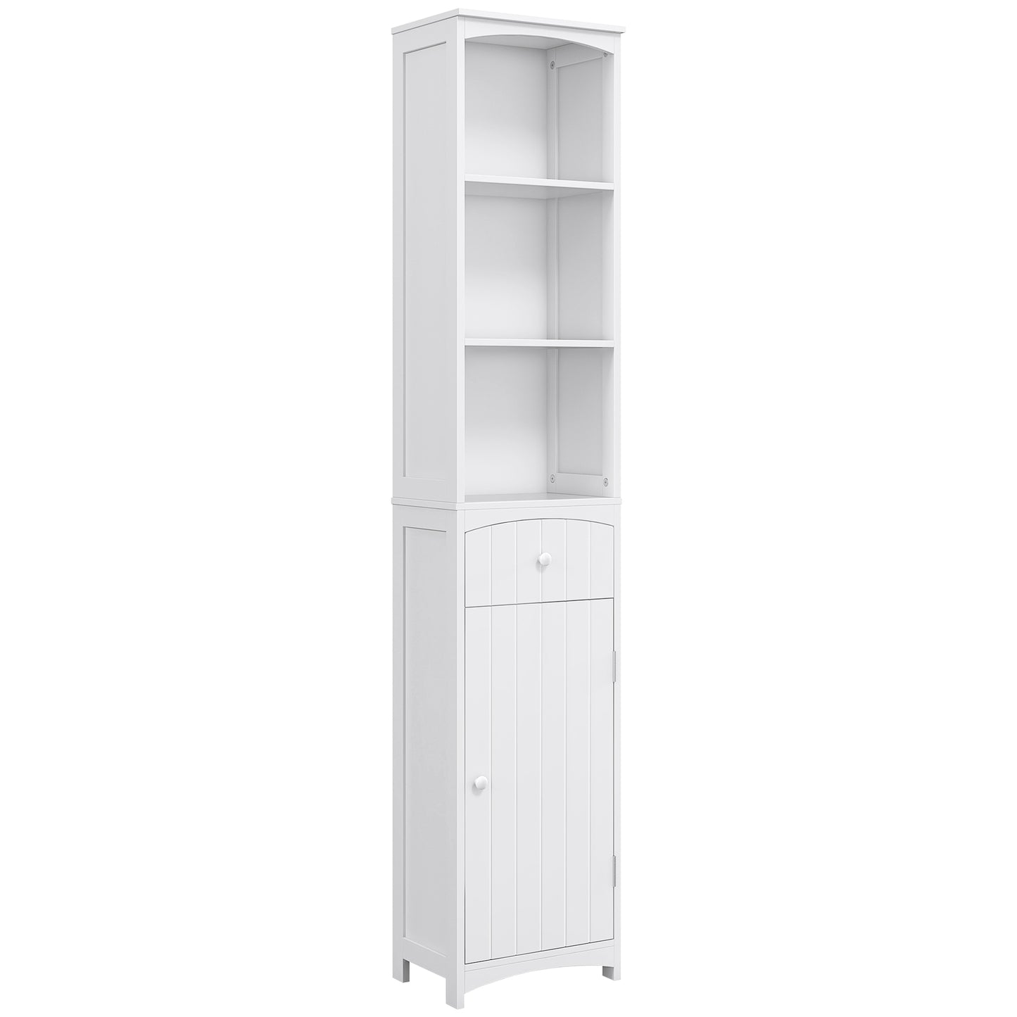 Free Standing Bathroom Storage Cabinet – Tall Linen Tower with 3-Tier Shelves & Drawer (White)