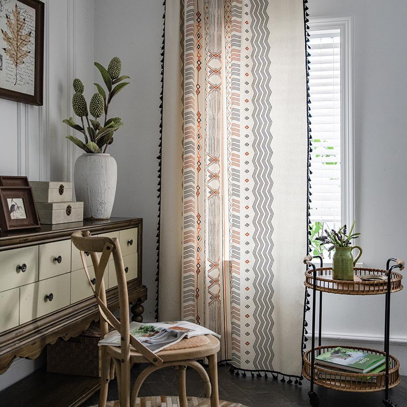 Boho Cream Cotton Linen Print Sun Shade Curtain Fabric Non Punched Window Drapes for Home Decor