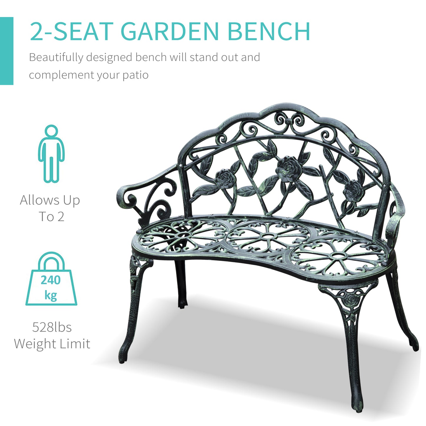 Outdoor Cast Aluminum Garden Bench Metal Floral Rose Accent Antique Finish Patio Seating Furniture Green
