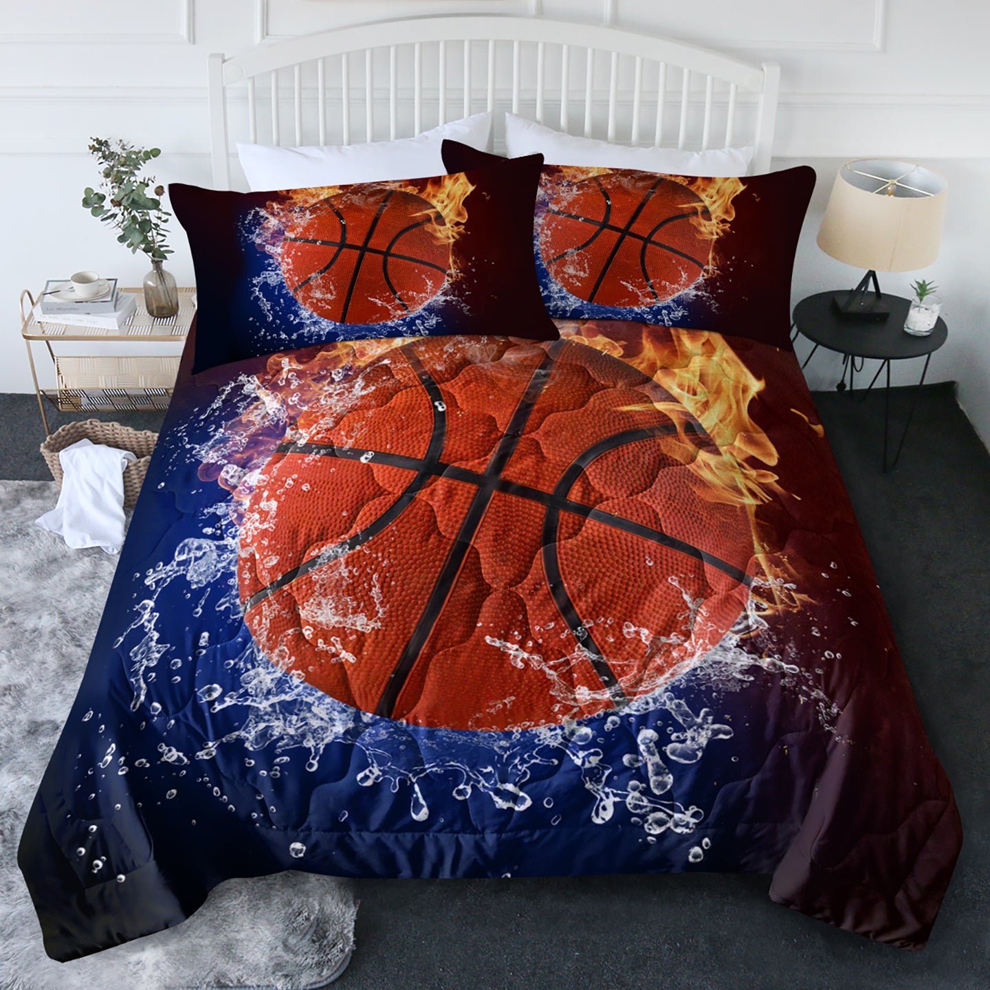 Sports Basketball Fire 3 Piece Bedding Set Comforter Duvet Cover Bed Sheet Athletic Bedroom Decor