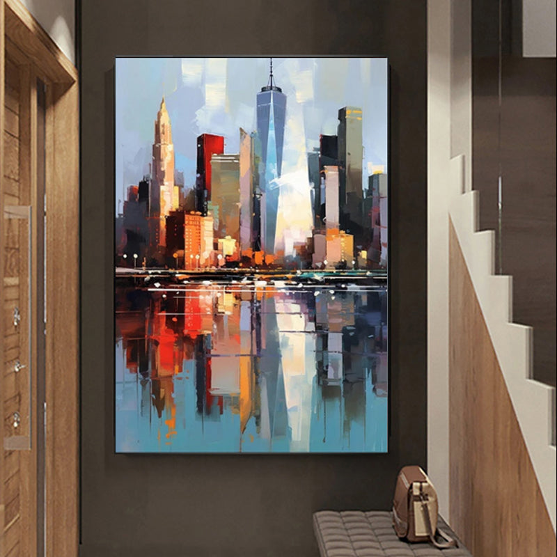 Handmade Abstract New York City Urban Architecture Oil Painting on Canvas Wall Art for Living Room Home Decor Frameless Unstretched