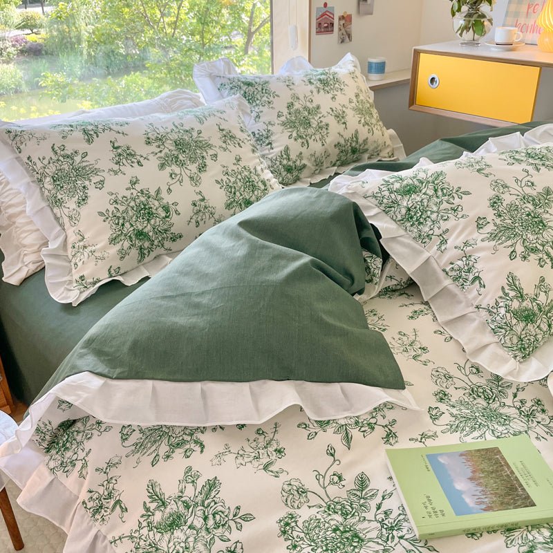 Small Floral Cotton Four Piece Bedding Set Princess Style Duvet Cover Bed Sheet Pillowcase Soft Bedroom Set