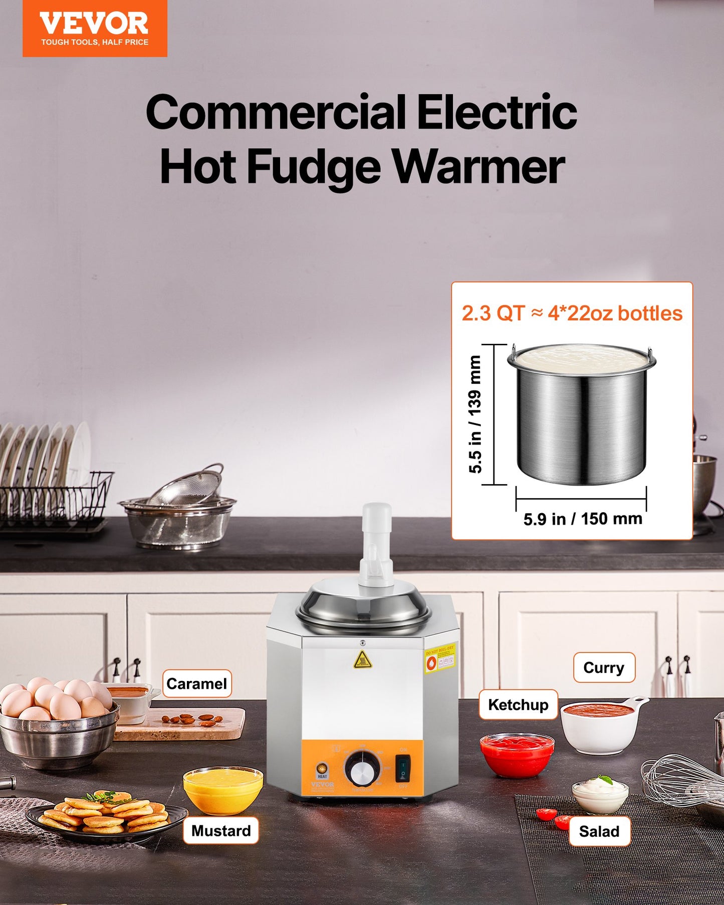 2.4L Electric Cheese Dispenser with Pump Commercial Hot Fudge Warmer Adjustable 86F to 230F Heating Machine