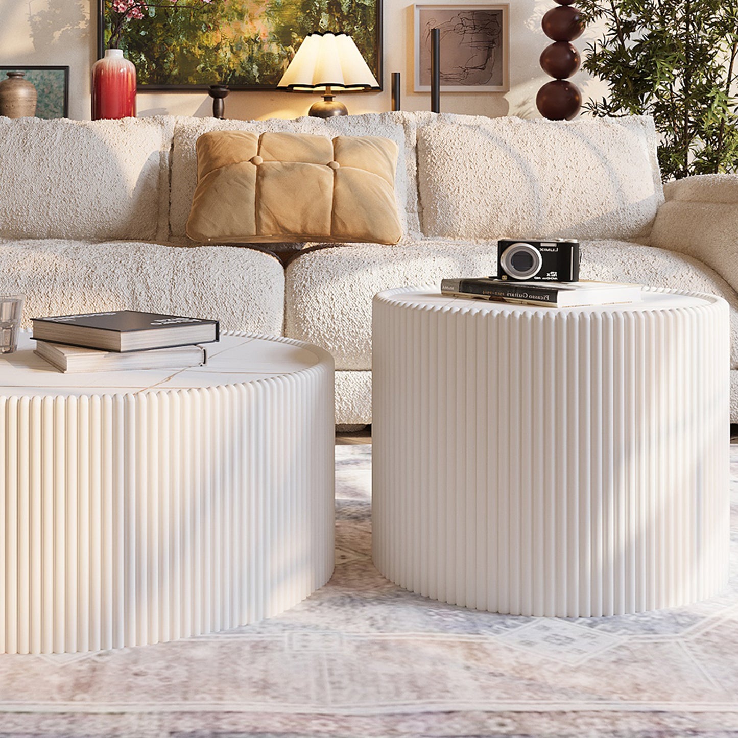 Modern Cylinder Leather Coffee Table with Sintered Stone Top Unique Gold Pattern Living Room Sofa Table Furniture