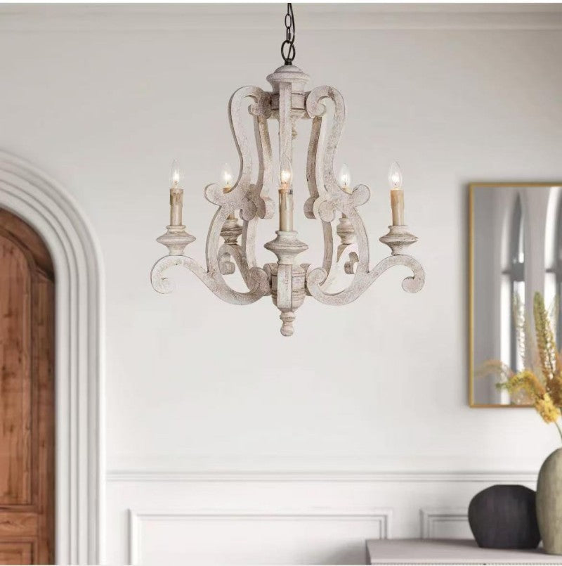 American Country Vintage Chandelier – Distressed Wooden Candle-Style Light Fixture
