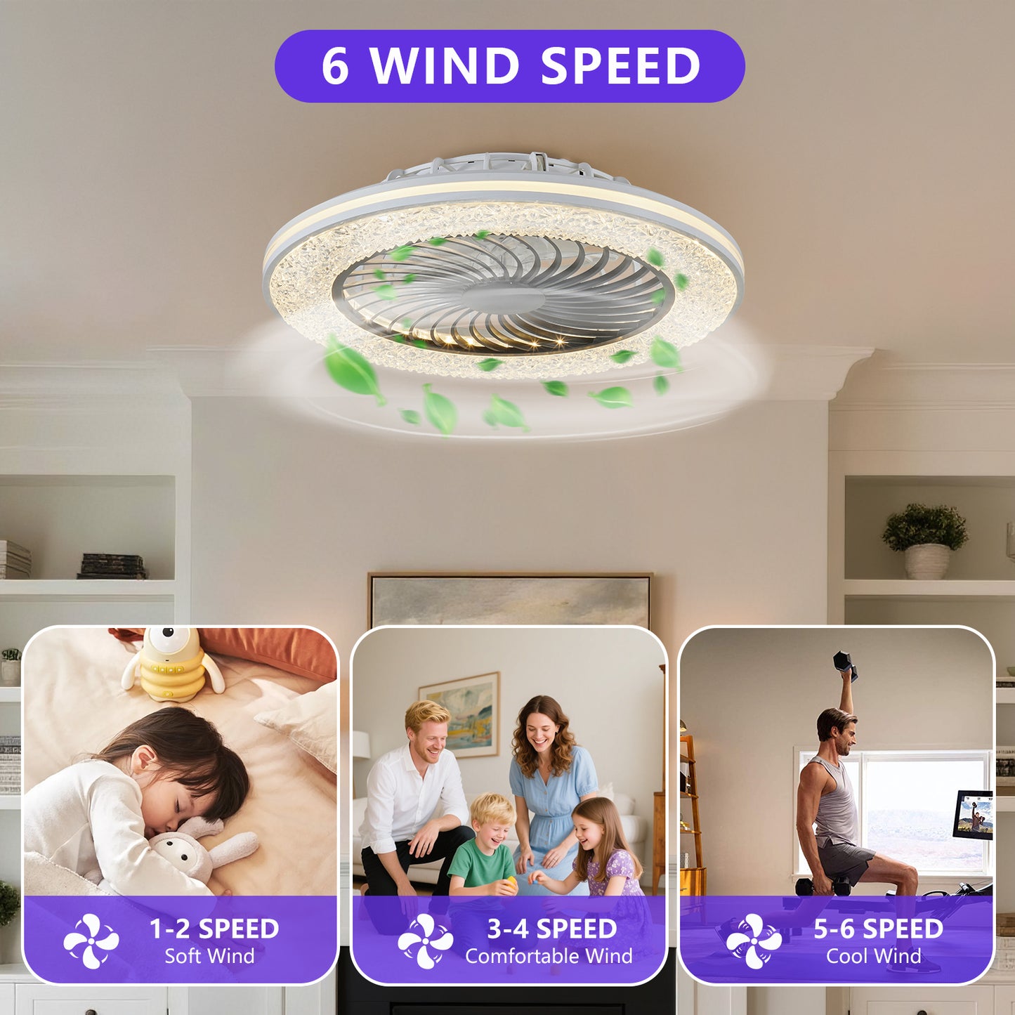 23 Inch RGB LED Enclosed Ceiling Fan Light Bladeless Low Profile Modern Ceiling Fan for Living Room Bedroom