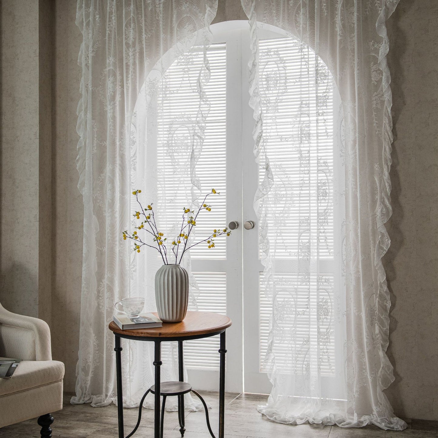 Lace Trim Balcony Bay Window Curtains White Sheer Partition Wavy Pastoral Style Elegant Drapes