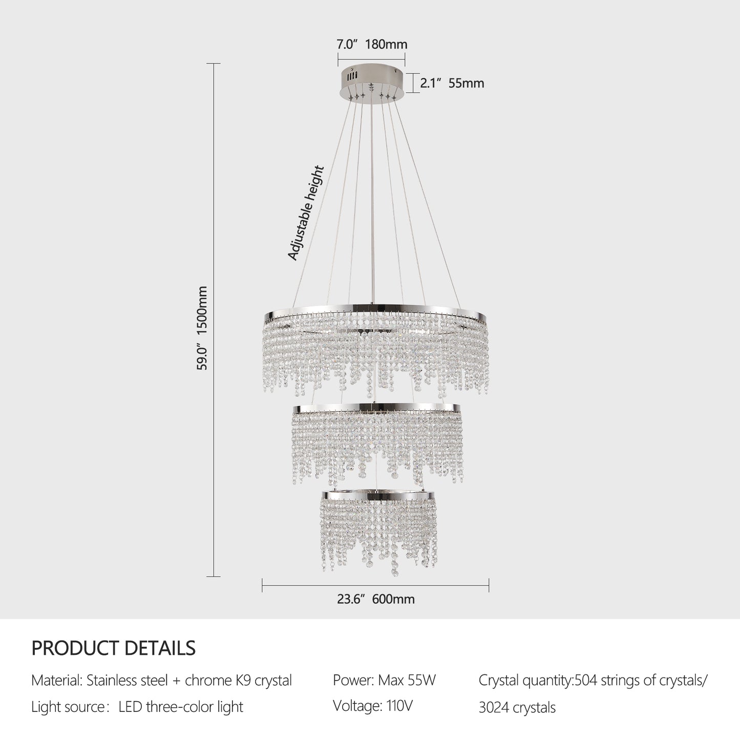 24-Inch LED Crystal Chandelier – Adjustable Color Temperature & Height, Luxury Ceiling Lamp for Living, Dining & Bedroom