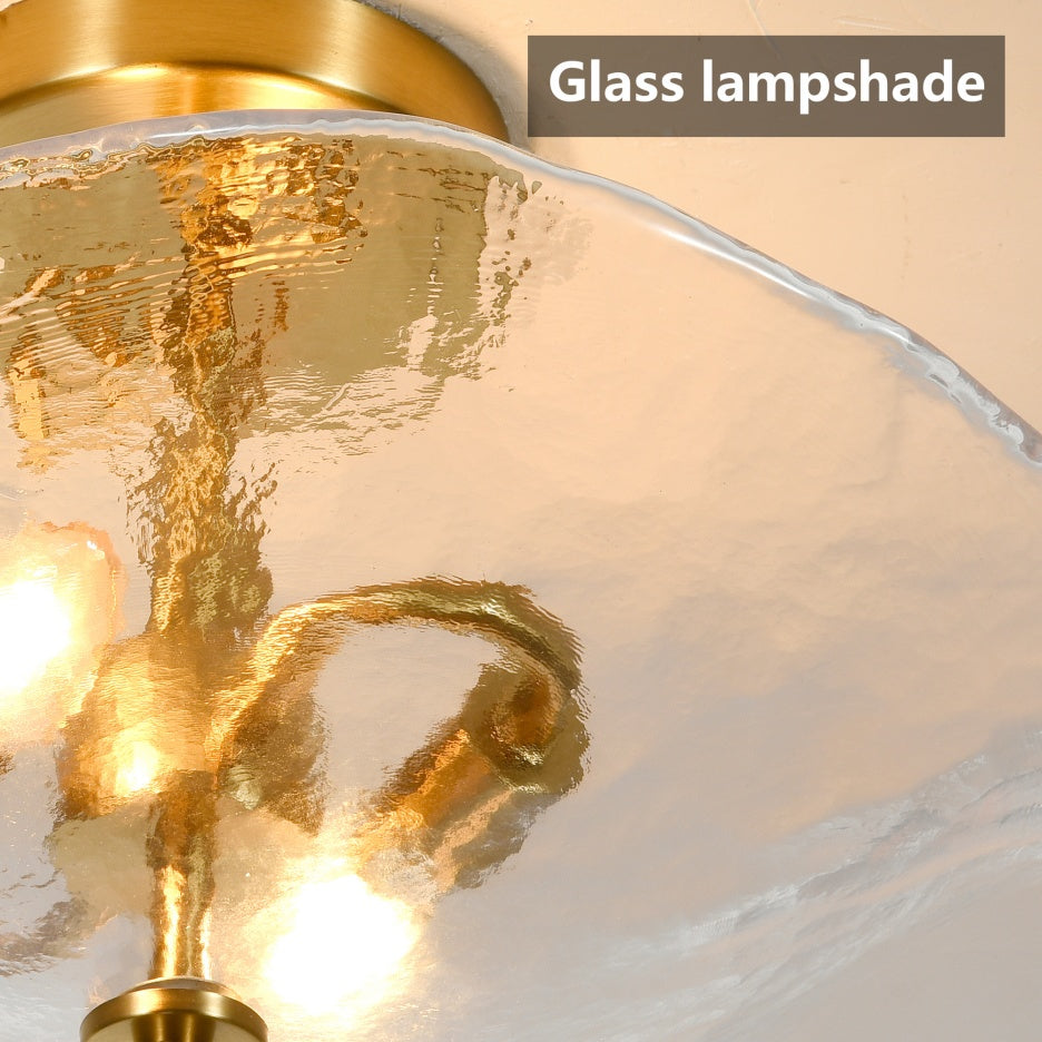 16.5 Inch Glass Semi Flush Mount Ceiling Light Fixture Modern Gold 2-Light Bedroom Bathroom Kitchen Hallway Ceiling Lamp