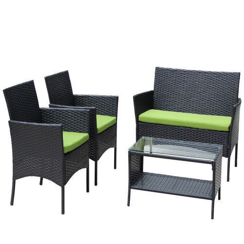 4 Piece Rattan Patio Furniture Set Outdoor Wicker Sofa with Cushioned Seats Green Cushion Garden Outdoor Seating Set