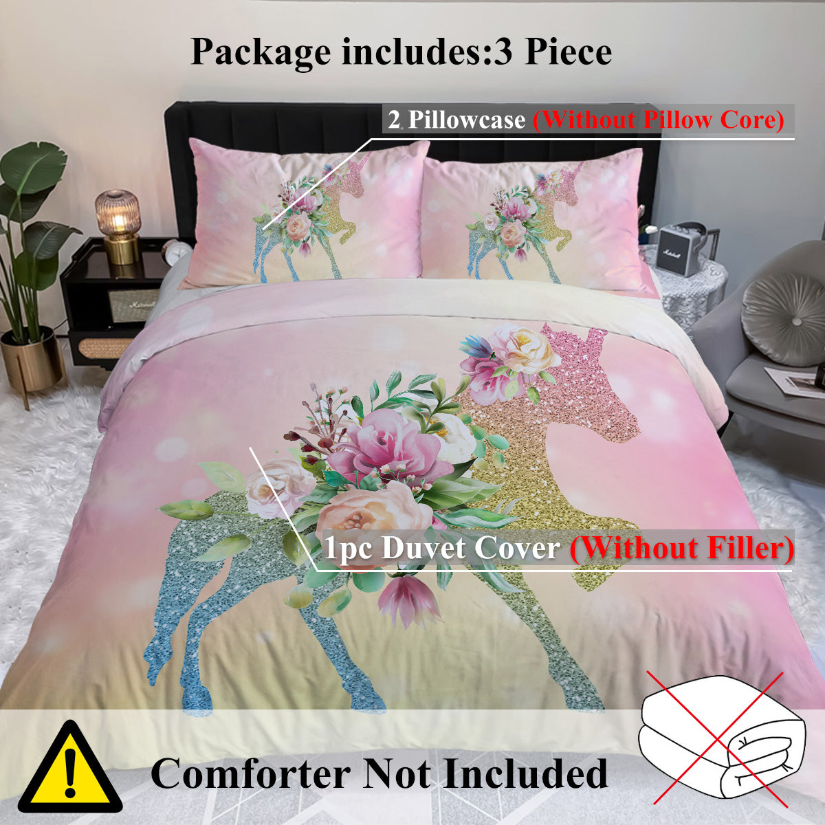 3-Piece Kids Bedding Set for Girls Glitter Cartoon Horse Rose Duvet Cover Ultra Soft Teen Bedspread