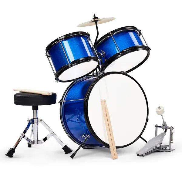 3 Piece Junior Kids Drum Set Kit with Pedal Drumsticks Stool and Wrench Beginner Music Instrument