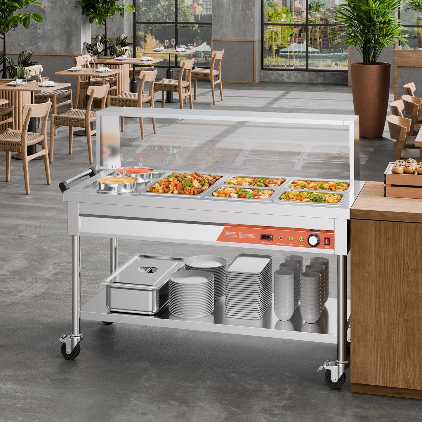 Commercial 5 Pan Food Warmer Steam Table with 2 Pots and Undershelf Shield for Buffet and Catering Use