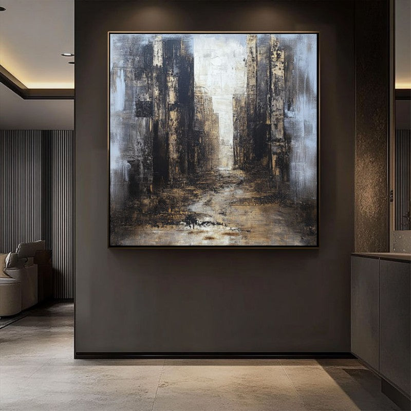 Hand Painted Abstract Urban Architecture Canvas Painting Textured Acrylic Wall Art Modern Living Room Decor