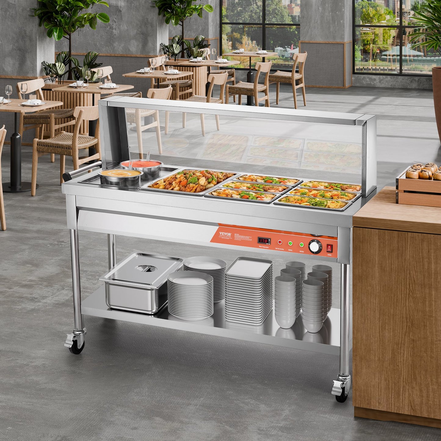 Commercial 7 Pan Food Warmer Steam Table with 2 Pots and Undershelf Shield for Buffet and Catering Use
